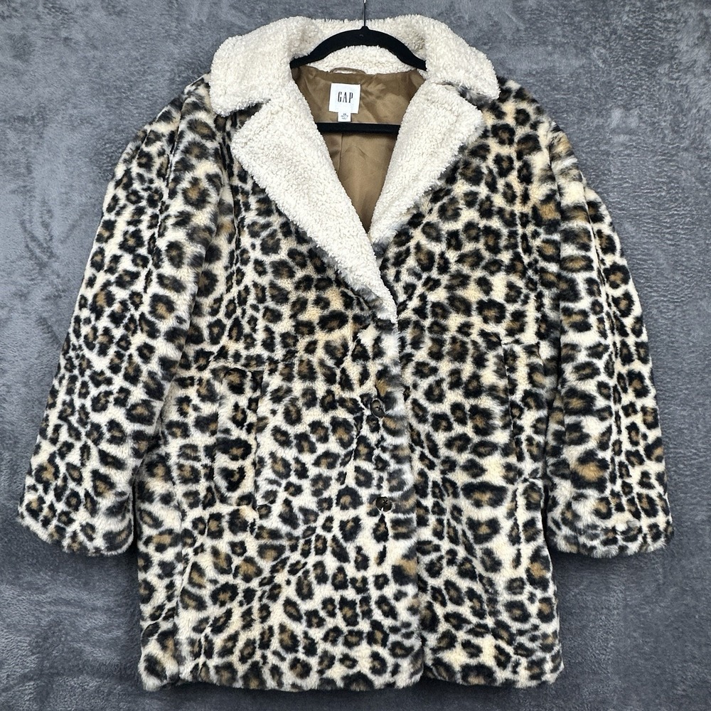 Gap Leopard Print Faux Fur Coat Jacket Women's Petite XS Sherpa Collar Beige EUC